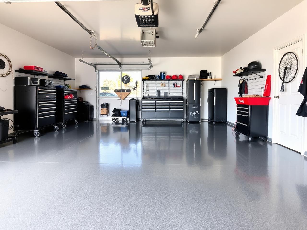Finished garage with coated floor