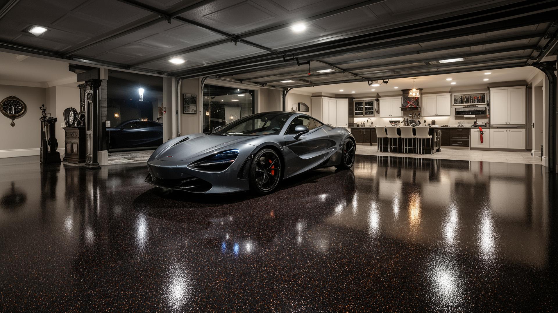 Premium epoxy garage floor with sports car